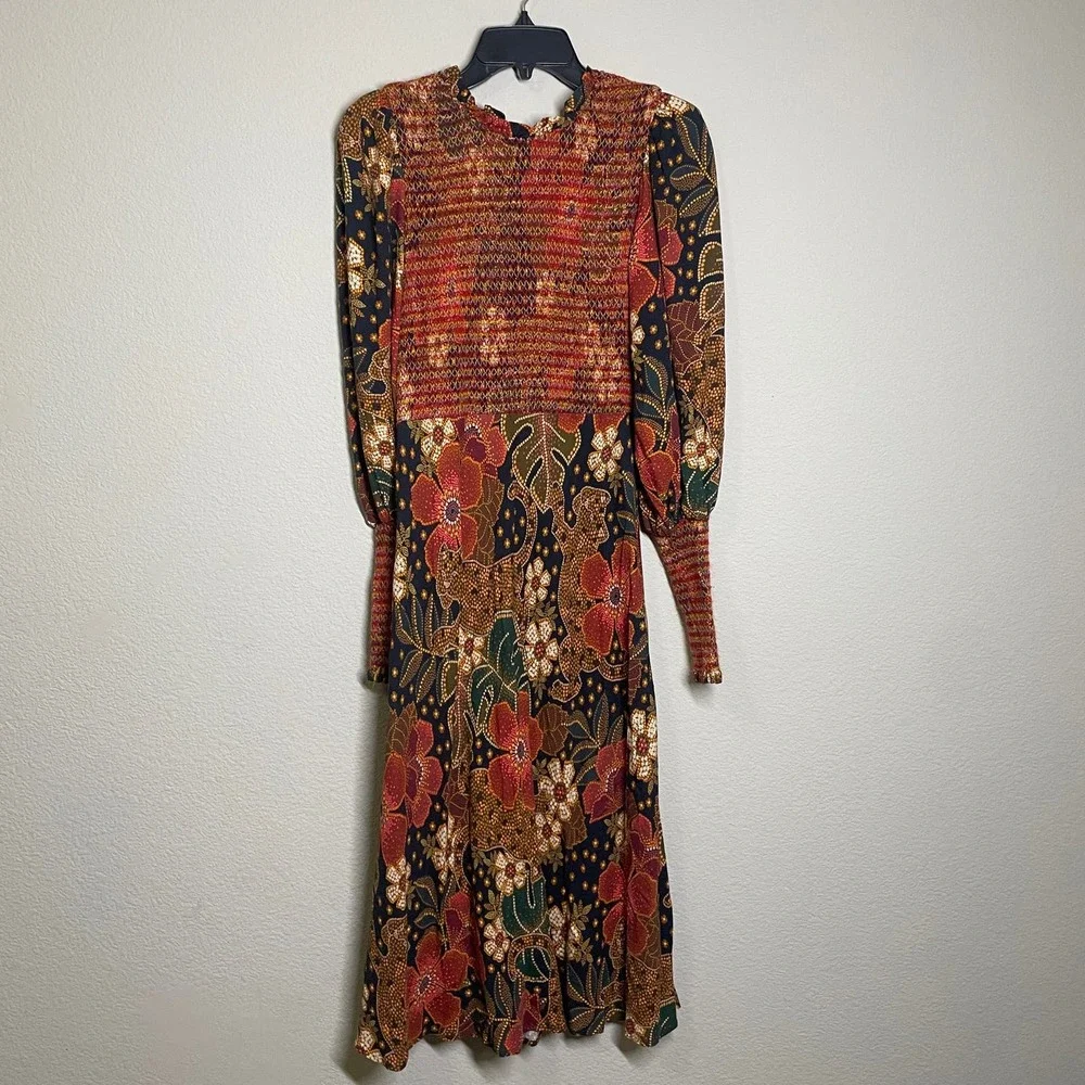 Farm Rio Medium Flowered Leopards Midi Dress Multicolored Mock Neck Long Sleeves - Picture 2 of 11